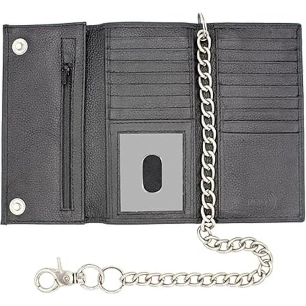 Long Trifold Chain Wallet for Men, Leather Checkbook Cover, RFID Blocking chain